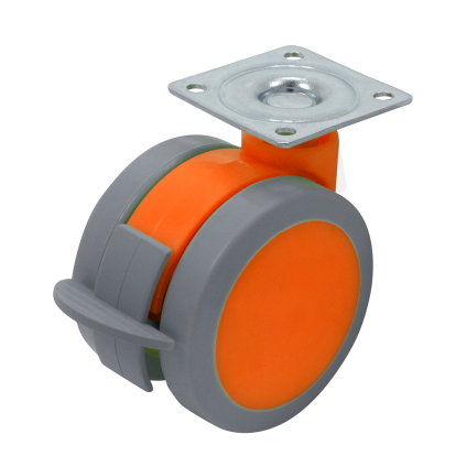Rotila din plastic portocaliu D65 cu frana si flansa metalica, 40 kg
